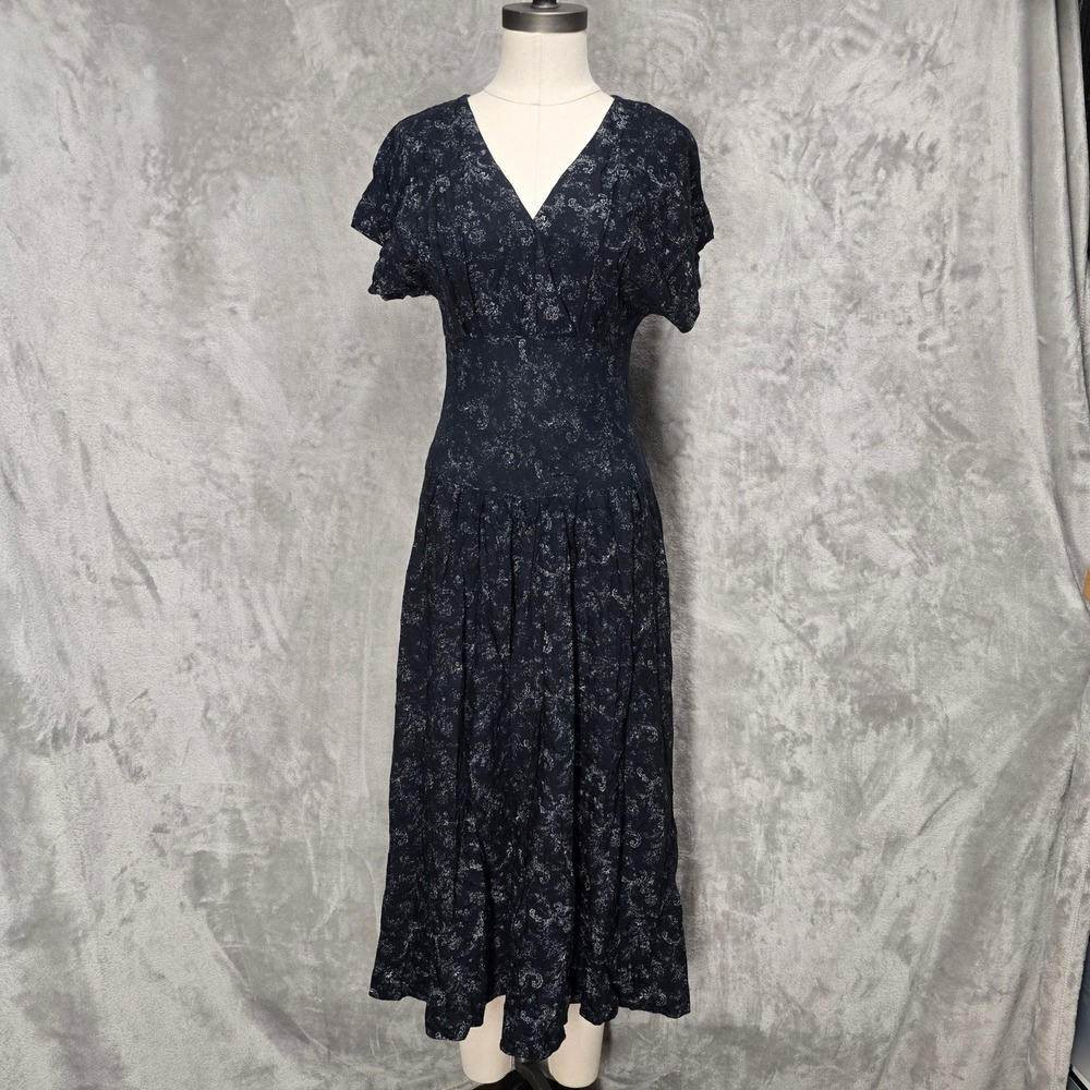 All That Jazz Midi Dress Womens S 90s Black Floral V-Neck Flutter Sleeve Vintage